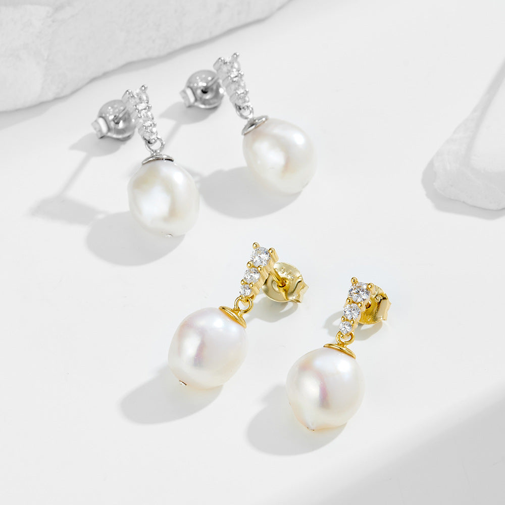 S925 Sterling Silver Natural Freshwater Baroque Pearl Earrings Micro Zircon Stud Earrings