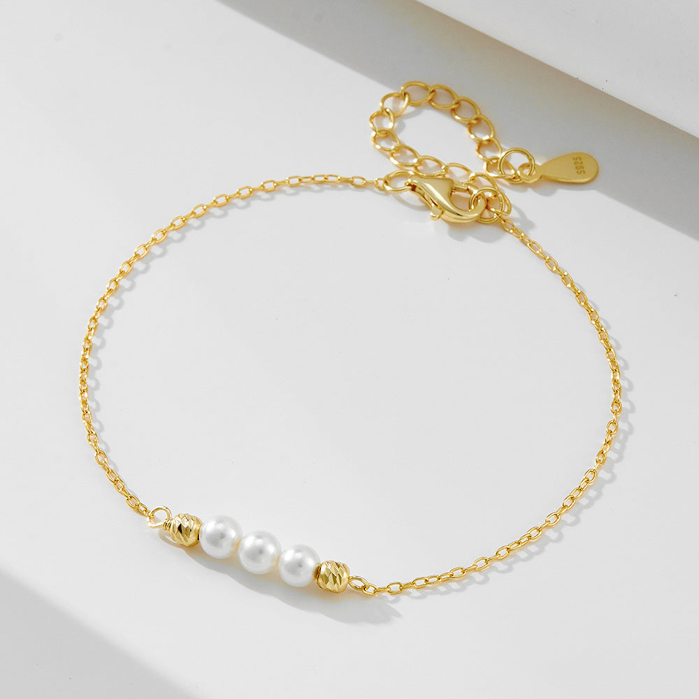 S925 Sterling Silver Beaded Pearl Bracelet And Elegant