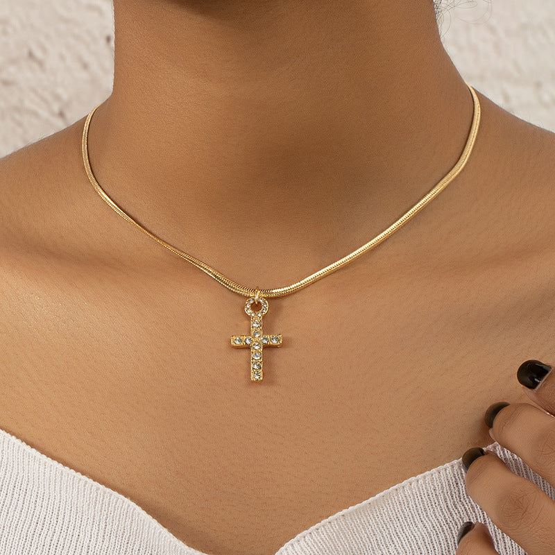 Retro Minimalist Cross Necklace with Snake Bone Chain - Vienna Verve Collection