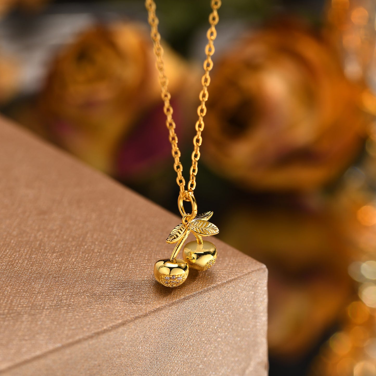 18K Gold Necklace Women's Personality Zircon Cherry Pendant Jewelry