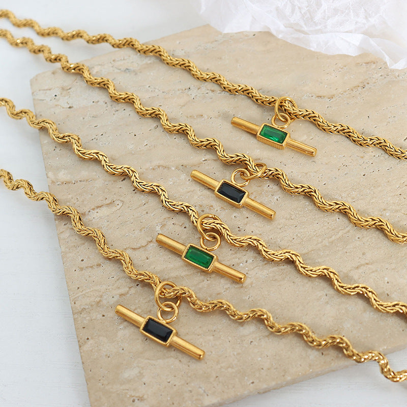 Trendy European-American Glass Inlaid Cone Necklace with Titanium Steel Pendant