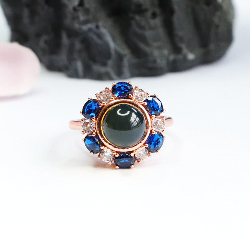 Blue Amber and Zircon Flower Bead Ring with Adjustable Opening