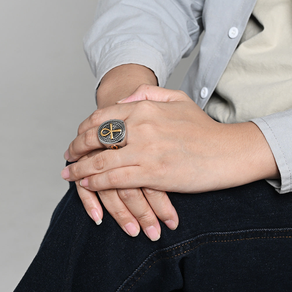 Planderful Anka Cross Titanium Ring For Men And Women Retro Egyptian Life Talisman Stainless Steel Jewelry