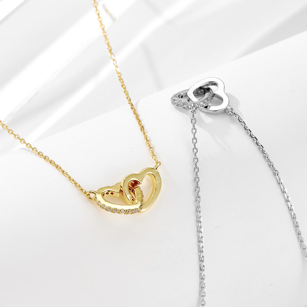 S925 Sterling Silver Zircon Love Interlocking Necklace Heart-Shaped