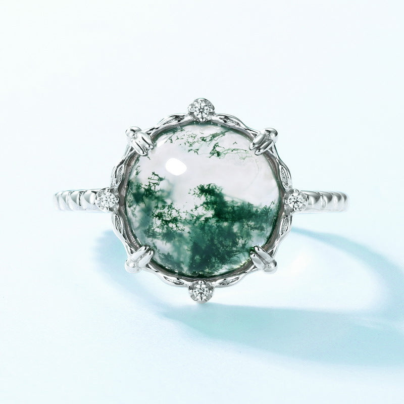 S925 Sterling Silver Gold-Plated Moss Agate Adjustable Ring