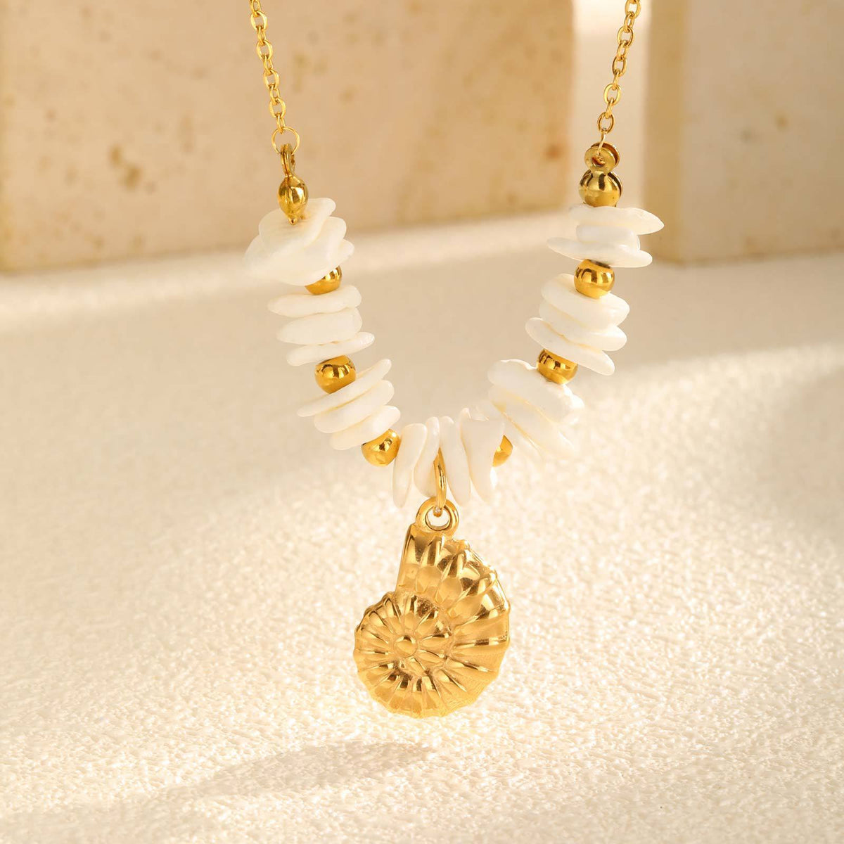 Stainless Steel Gold Summer Ocean Style White Shell Square Conch Necklace