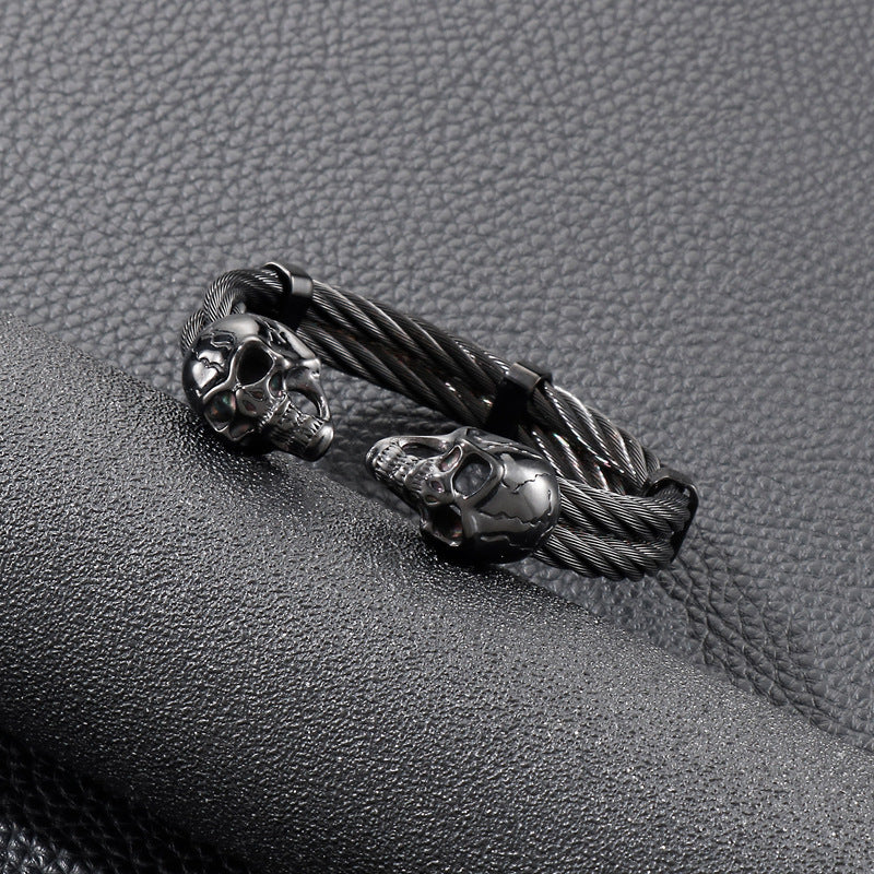 Punk Double Skull Steel Wire Men's Titanium Steel Bracelet