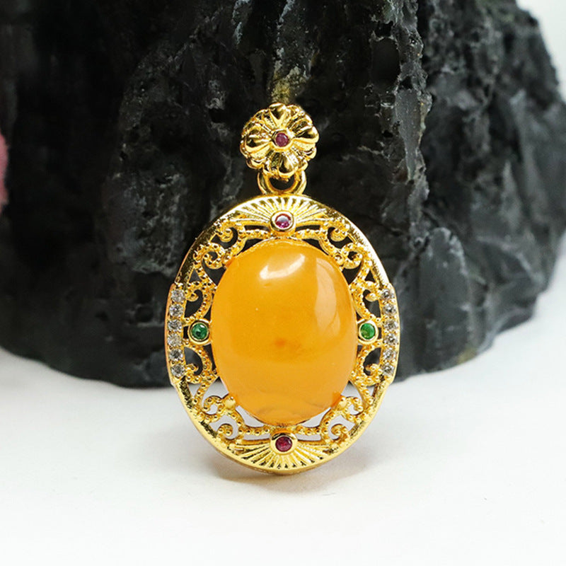 Vintage Zircon Hollow Beeswax Amber Pendant Necklace with Golden Sterling Silver Chain