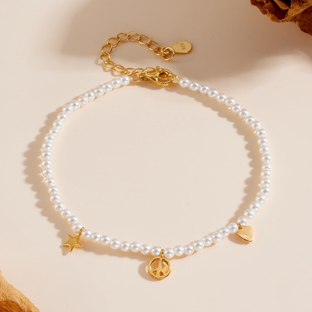 925 Sterling Silver Gold-Plated French Romantic Style Pearl Bracelet Elegant