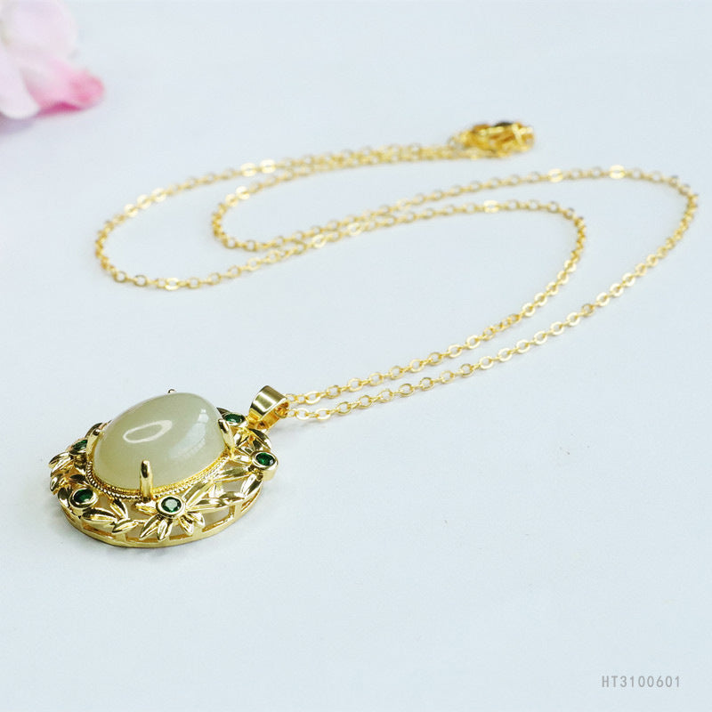 Hetian Jade Oval Green-Zircon Pendant — No Chain