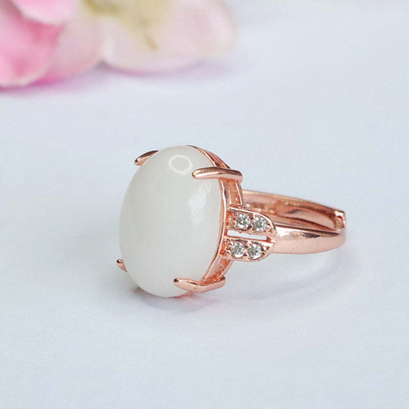 Oval Hetian Jade Sterling Silver Ring with Zircon Accents