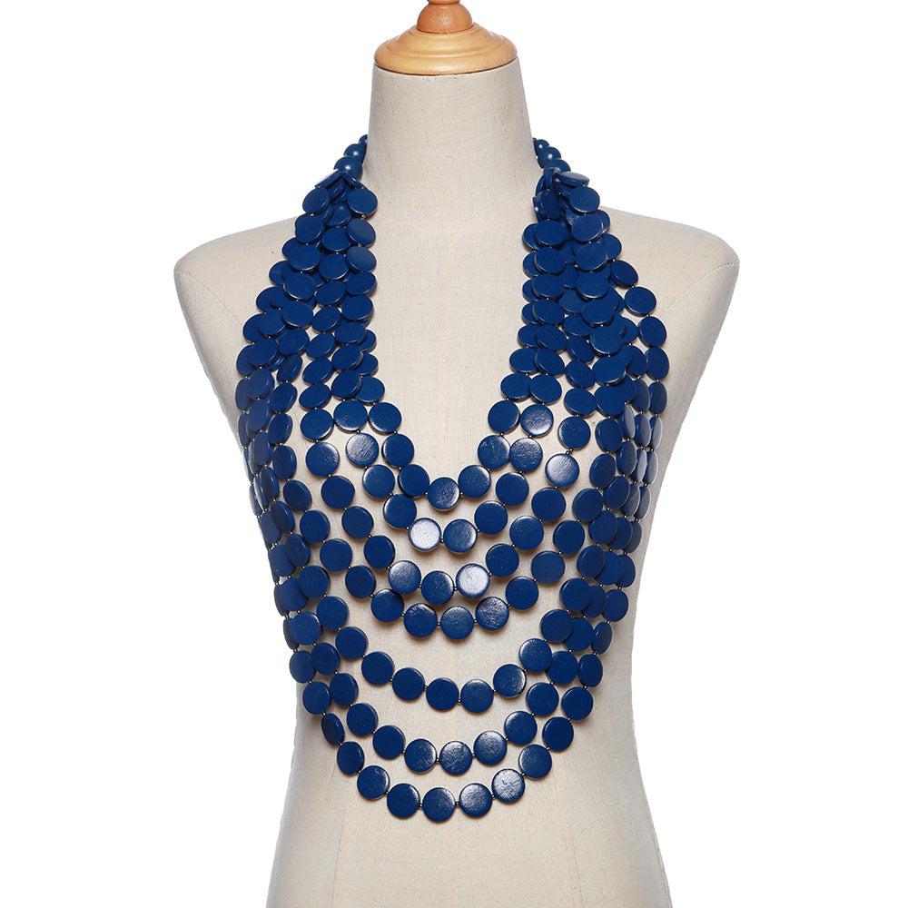 European and American Long Wooden Chip Necklace with Tassel Sweater Chains