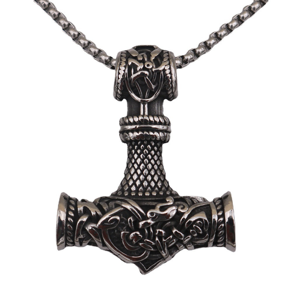 Thor's Hammer Titanium Steel Necklace with Odin Rune Pendant - Men's Nordic Jewelry