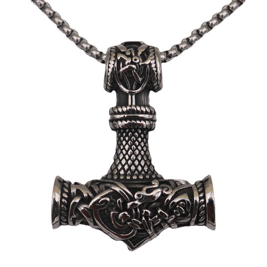 Thor's Hammer Titanium Steel Necklace with Odin Rune Pendant - Men's Nordic Jewelry