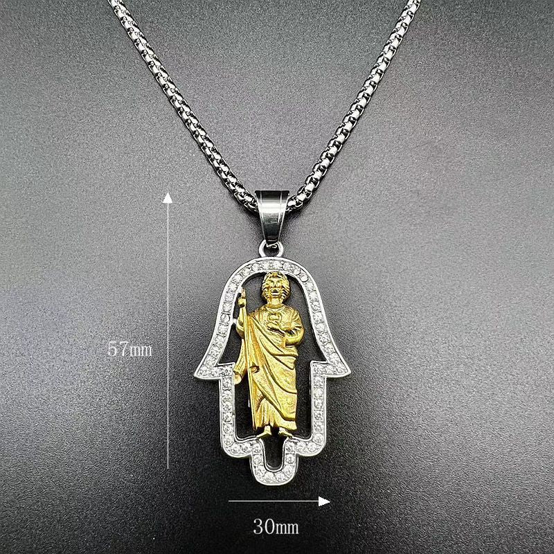 Planderful Hip Hop Pendant Necklace Stainless Steel Gold Plated Zircon Fatima Hand St Jude Urban Jewelry Lovers Must Have