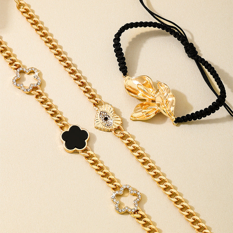 Planderful Vienna Verve Bracelet Set – Fashionable Metal Leaves with Zircon-Encrusted Clover