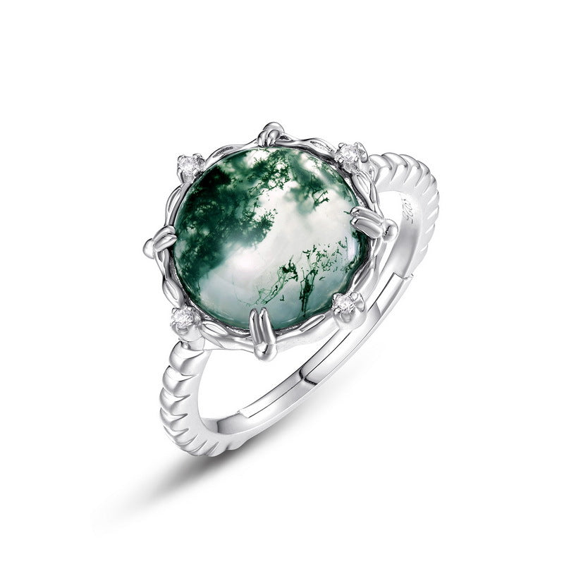 S925 Sterling Silver Gold-Plated Moss Agate Adjustable Ring