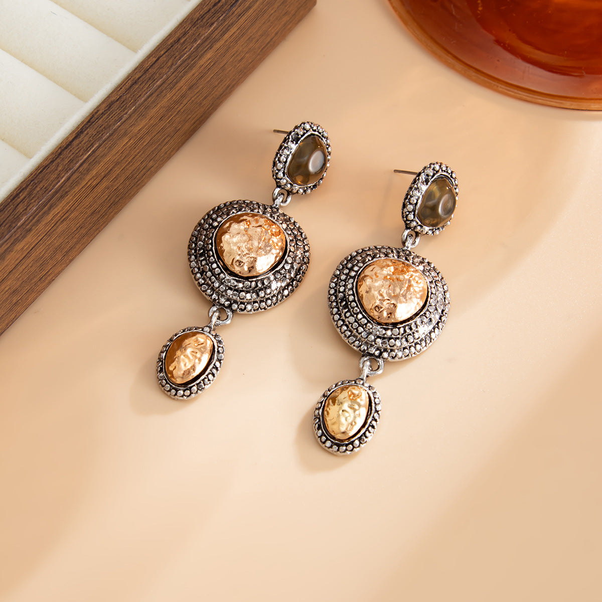 Planderful Medieval Style Earrings Handmade Turquoise Gem Pendant Flower Ethnic Studs For Women Statement Jewelry