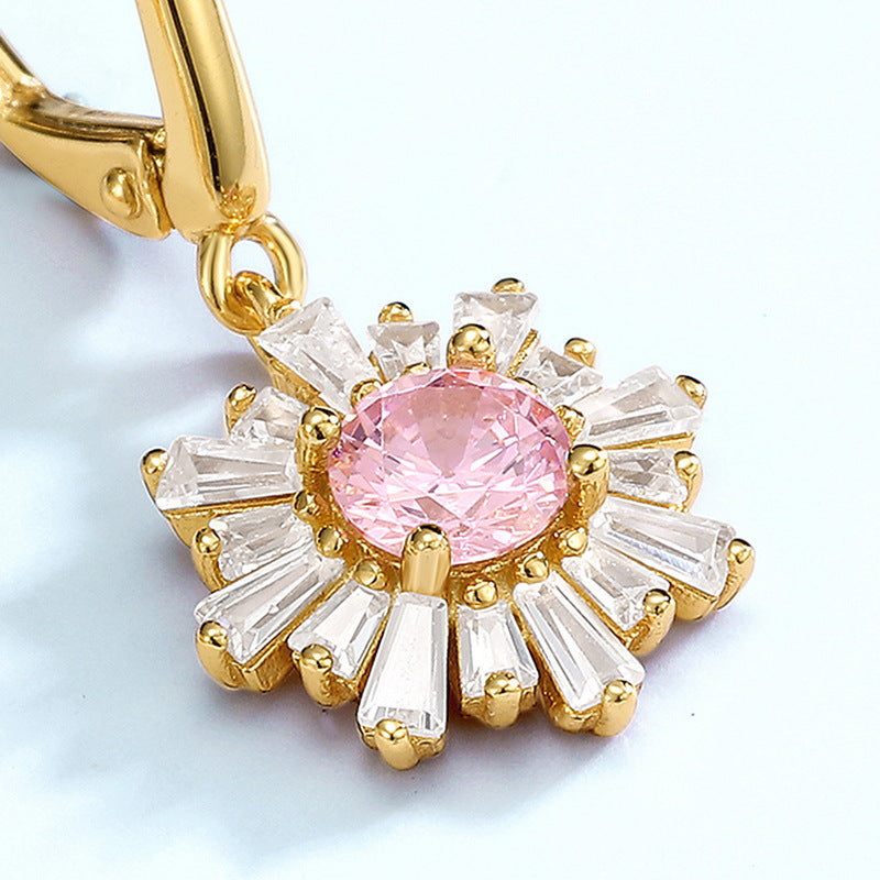 Zircon Pink Sun Flower Pendant Sterling Silver Drop Earrings