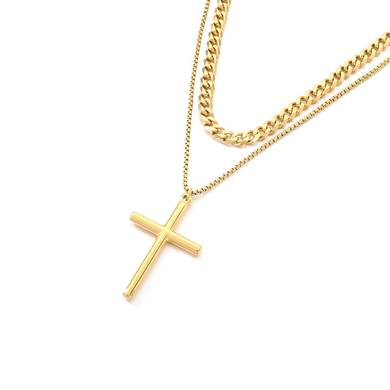 Glossy Cross Pendant Necklace, Six-Sided Grinding Square Pearl Chain Double-Layer Stacked Men's Necklace.