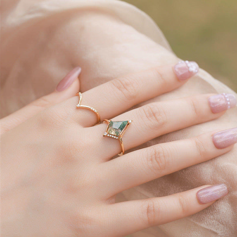 S925 Sterling Silver Moss Agate Kite Stacking Ring