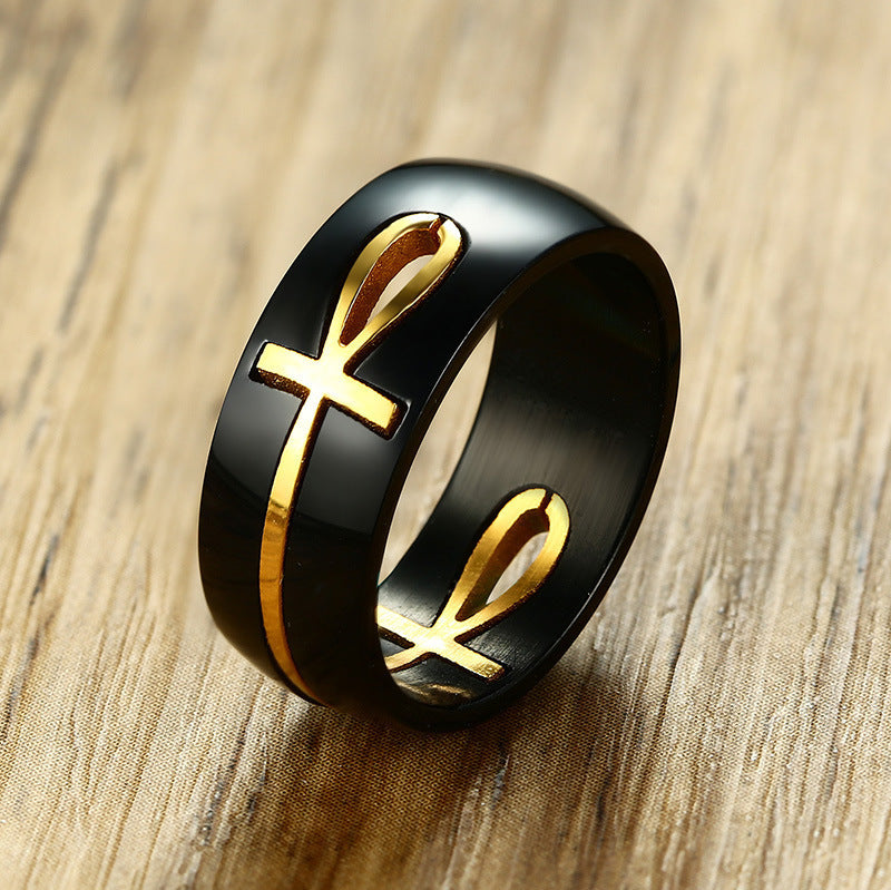 Stainless Steel Black Gold Men's Ring Cross Anka Jewelry