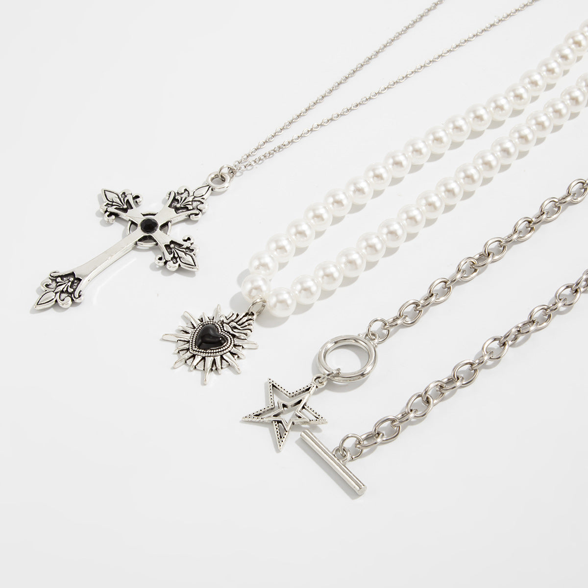 Pearl-Style Star & Cross Layered Necklace