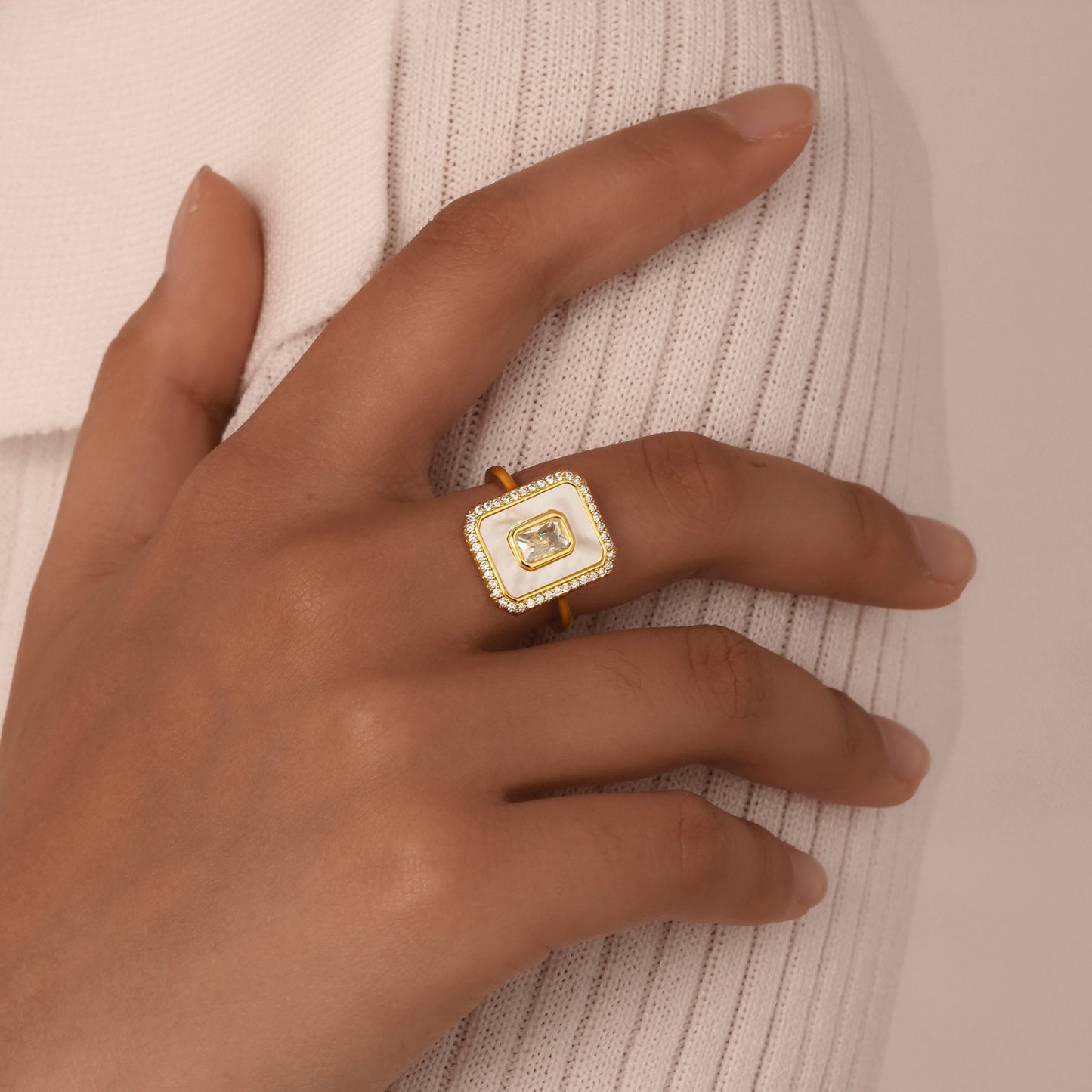 Fashion Copper Geometric Octagon Zircon Shell Open Ring Golden Lady