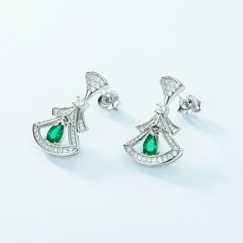 S925 Sterling Silver Lab-Grown Emerald Fan Stud Earrings