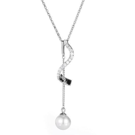 Curved Shape with Pearl Tassel Silver Necklace