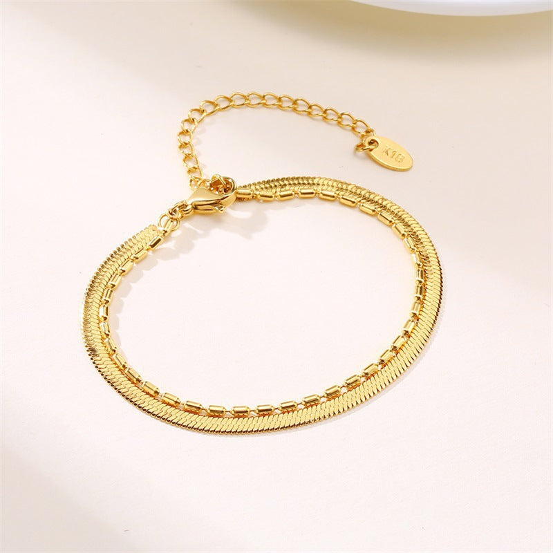 Ins Wind Double Layer Flat Snake Bead Bracelet Stainless Steel Bamboo Chain Double Chain Golden Lady Titanium Steel Bracelet