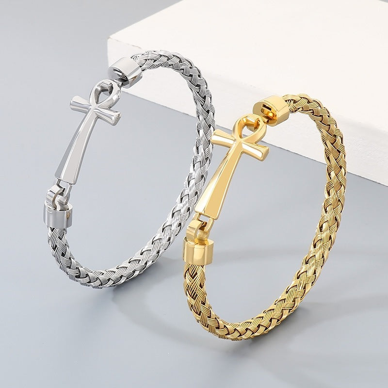 Stainless Steel Braided Wire Bracelet Ancient Egyptian Charm Of Life Anka Cross Men's