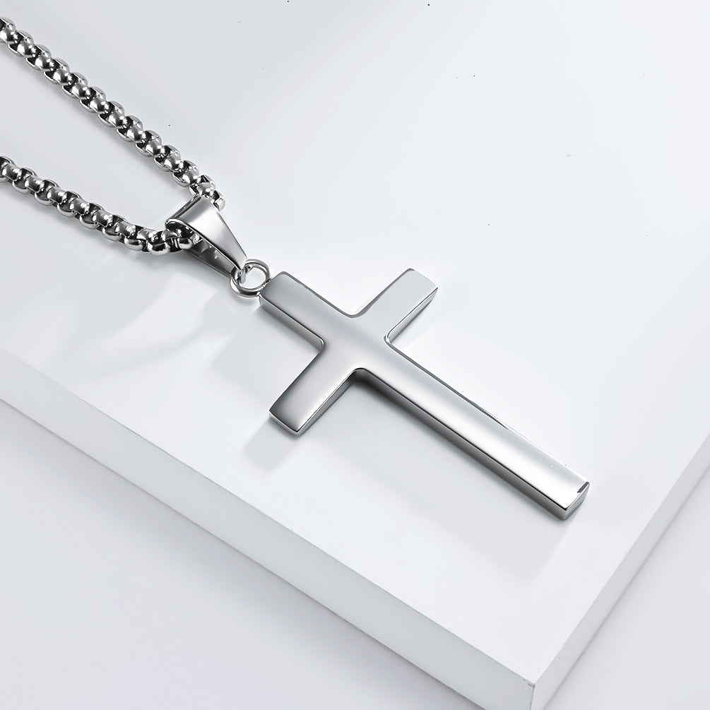 Cross-Border Simple Neutral Wind Beveled Stainless Steel Cross Necklace for Men