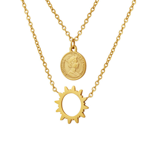 Sunshine Portrait Medallion Pendant Necklace with Double Layers
