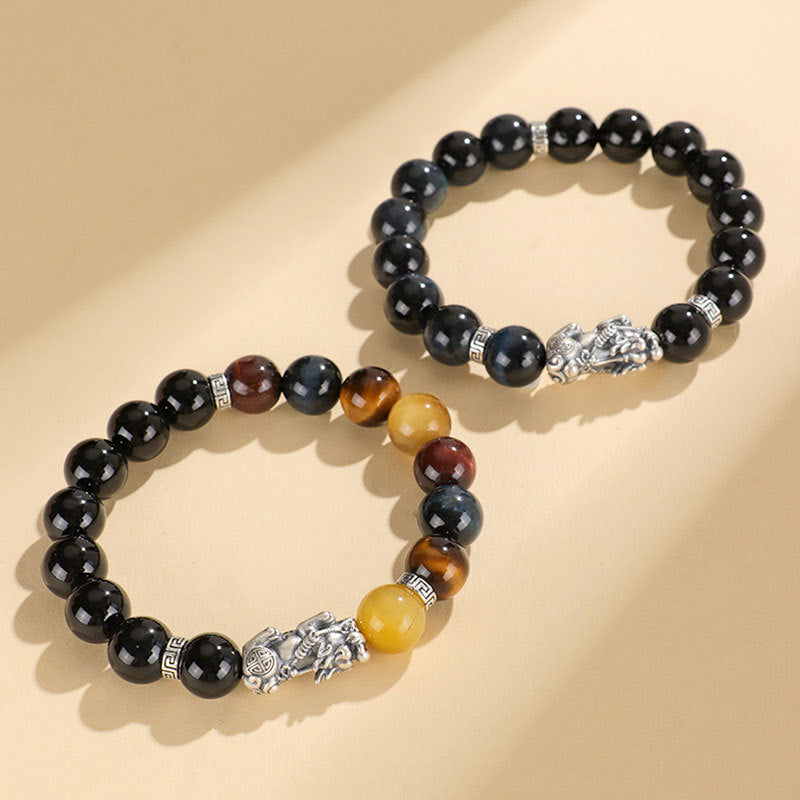 999 Silver Black Agate Pixiu & Tiger Eye Bracelet