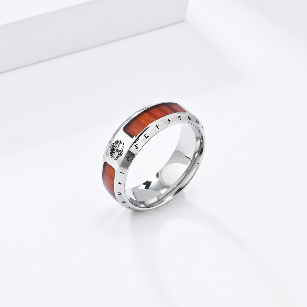 Steel Ring – Vintage Nordic Viking World Tree Men's Ring With Wood Grain Texture And Bold Design