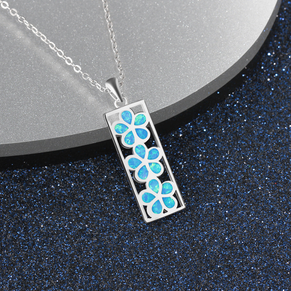 Planderful Jewelry Blue Opal Flower Hollow Rectangle Pendant Necklace In Sterling Silver For Everyday Luxury