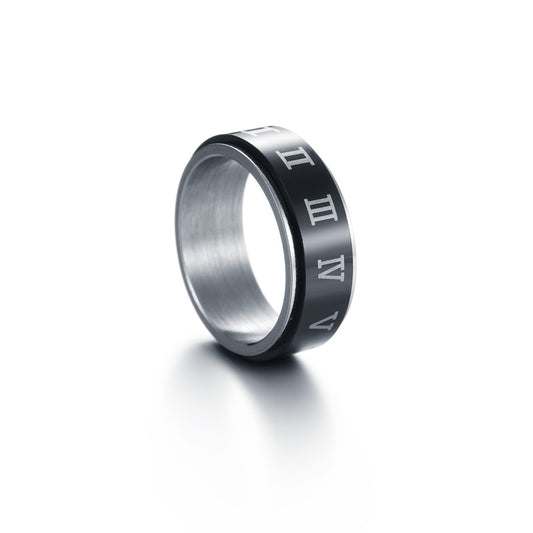 Viking Rune Steel Rotating Ring with Roman Numeral Design - Men's Handcrafted Stress Relief Jewelry