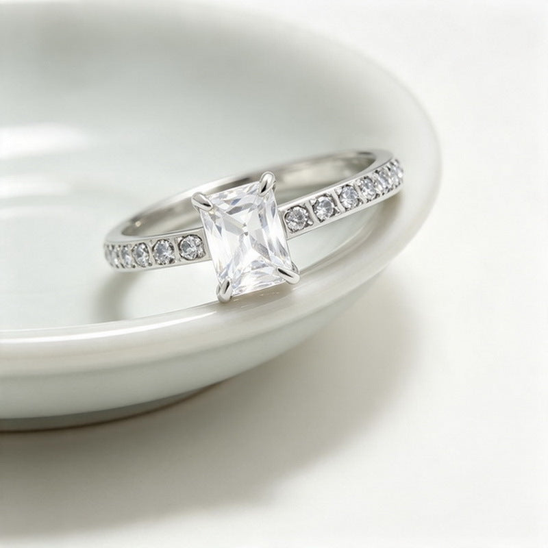 French Four-Claw Rectangle Color Zircon Ring Half Circle Zircon Stainless Steel