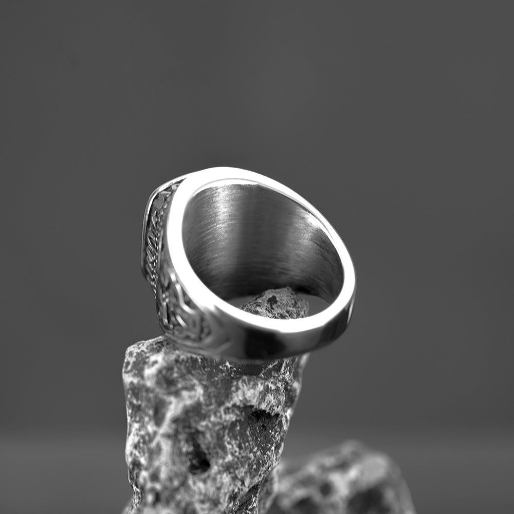 European And American Retro Jewelry Stainless Steel Ring Men's Hip-Hop Style Green Stone Personality Ring