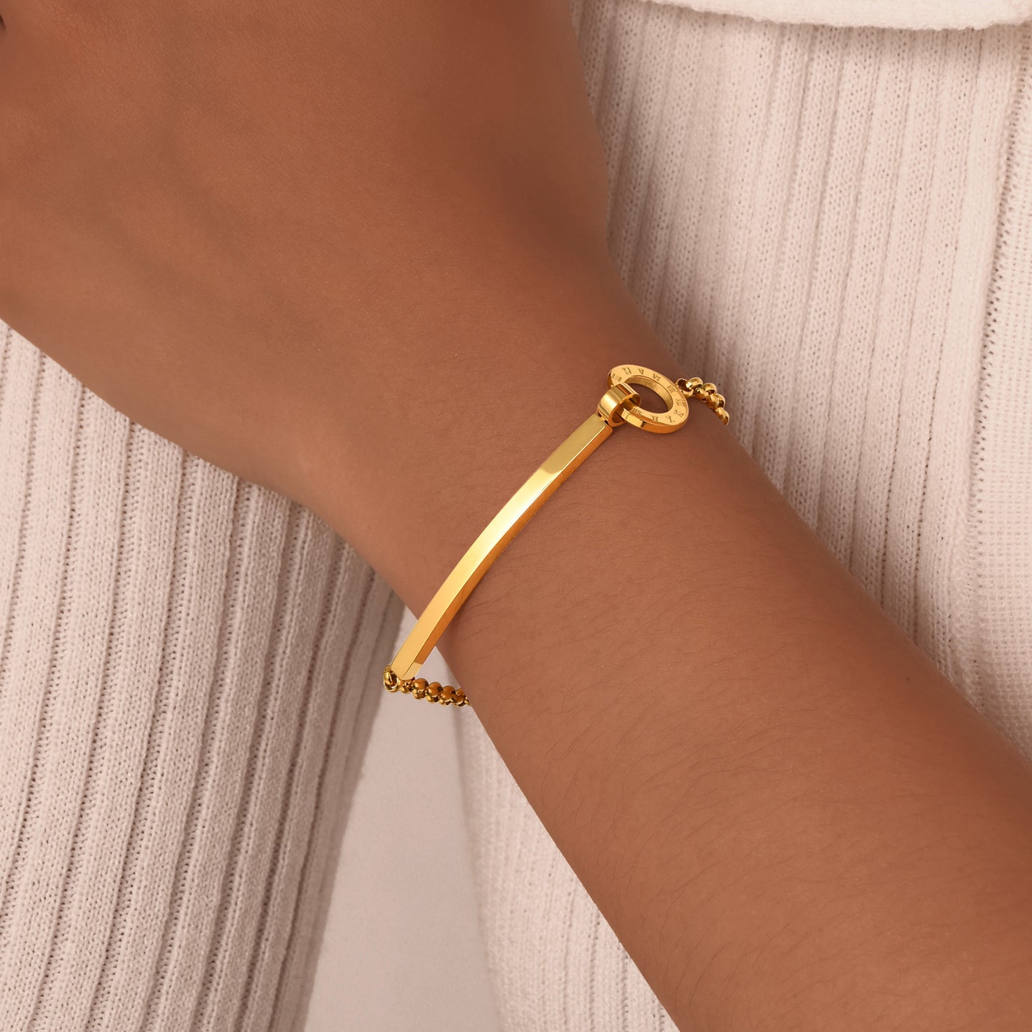 Ladies Stainless Steel Pearl Chain Roman Numeral Ring Bracelet Gold Jewelry