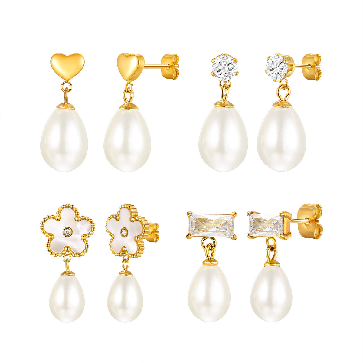 Stainless Steel Zircon Pearl Floral Earrings
