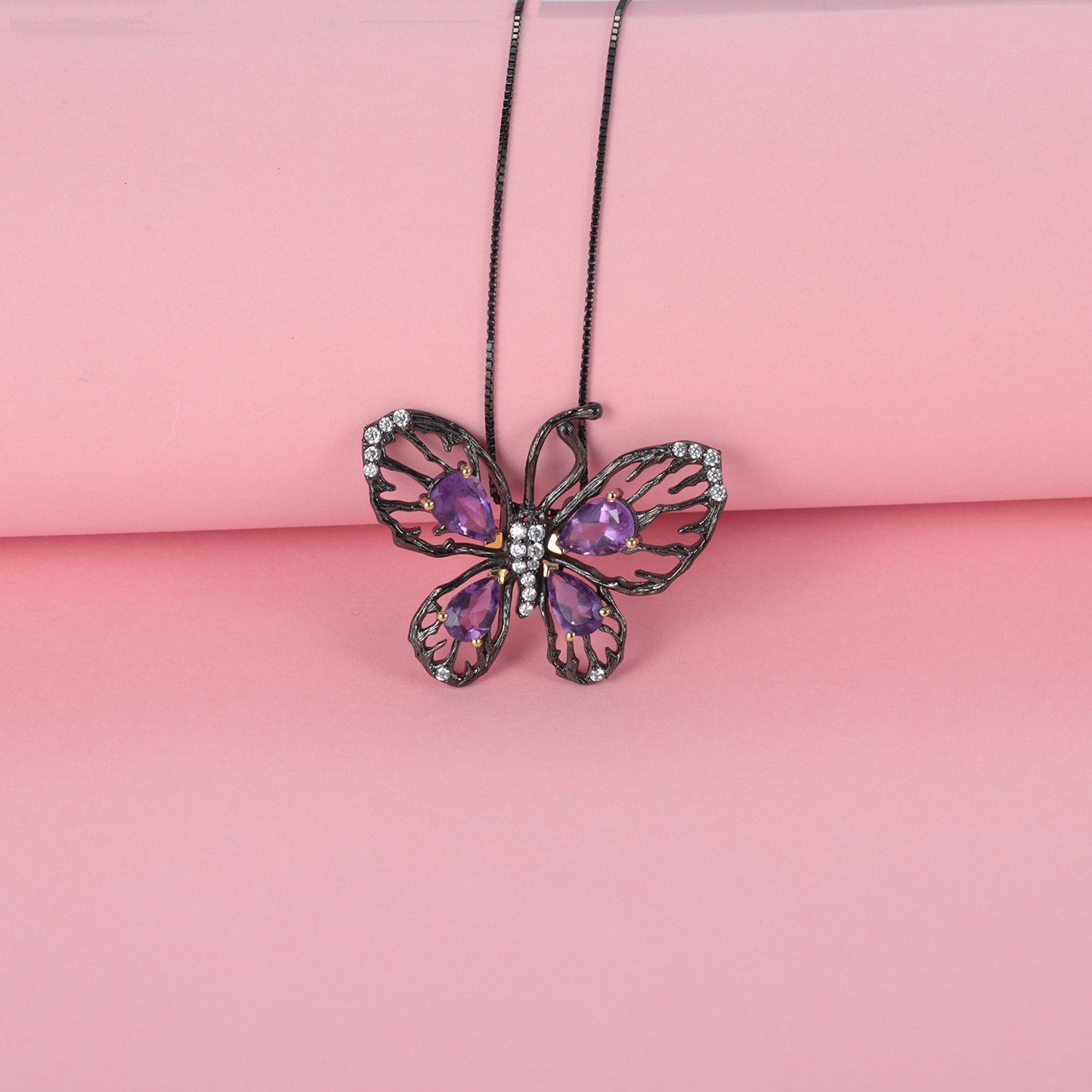 Hollow Butterfly Natural Gemstones Silver Necklace