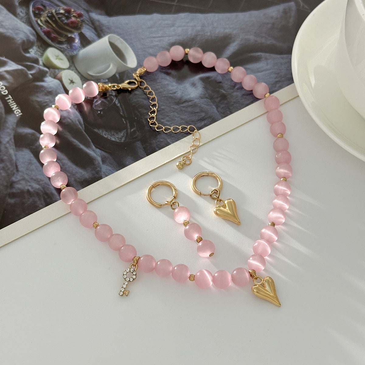 Planderful Vienna Verve Cat Eye Beaded Jewelry Set For Women Fringed Ear Buckle Earrings And Swallow Pendant Necklace