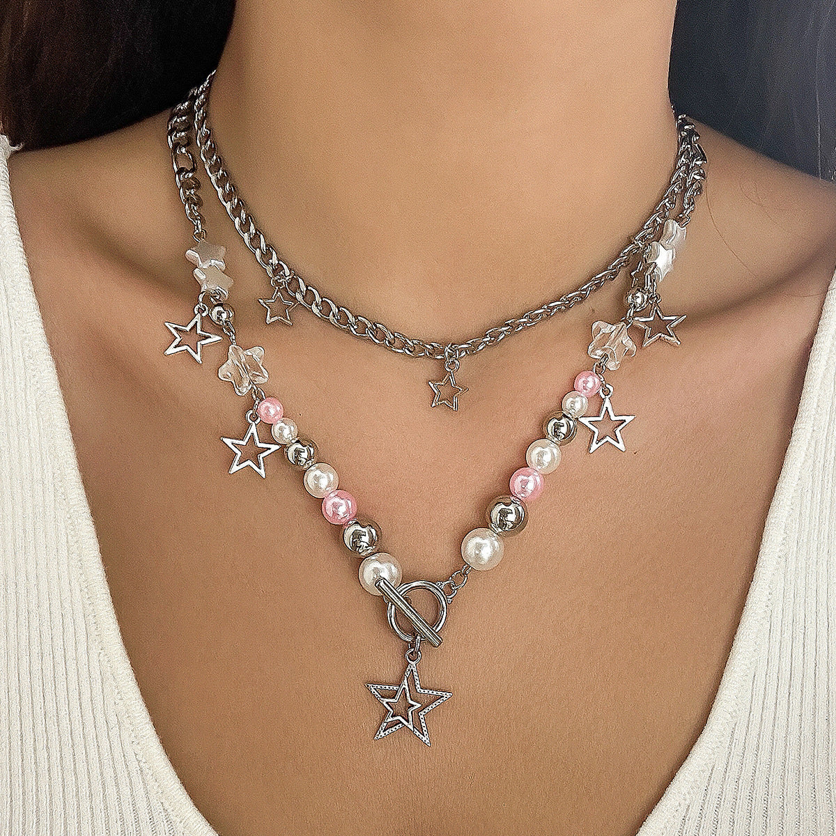 Cross-border Spice Girl Star Sweet Choker Necklace with Imitation Pearls and Metal Beads