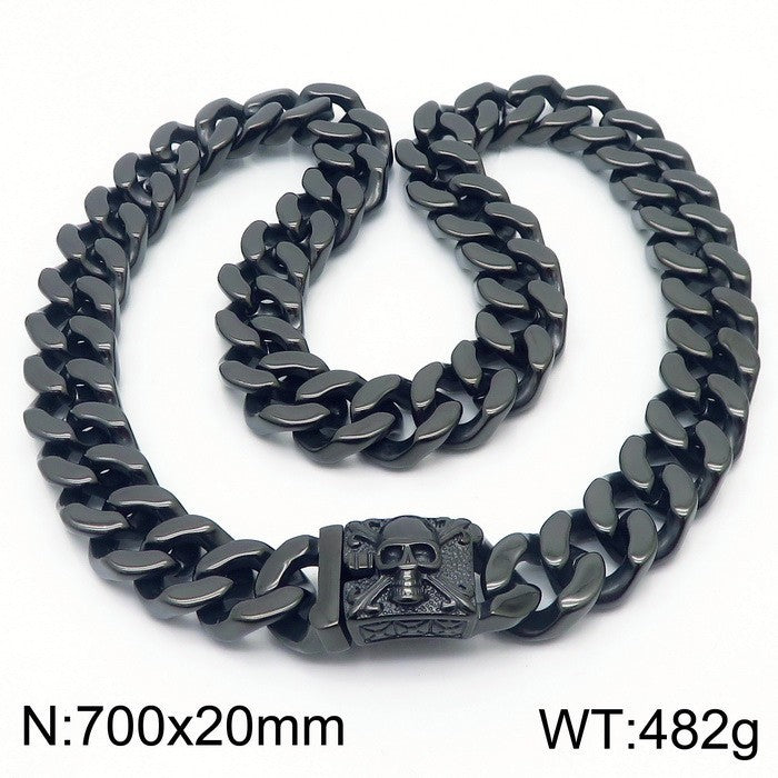 Bold Titanium Steel Skull Necklace - Retro Double-Sided Polished Cuban Chain for Men