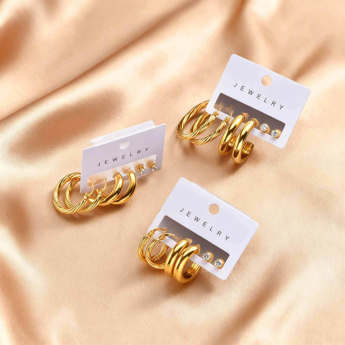 Gold-Tone Earring Set — Crystal Studs or Hoops