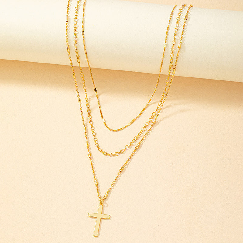 Fashionable Triple-Layer Cross Pendant Necklace with Korean Influence