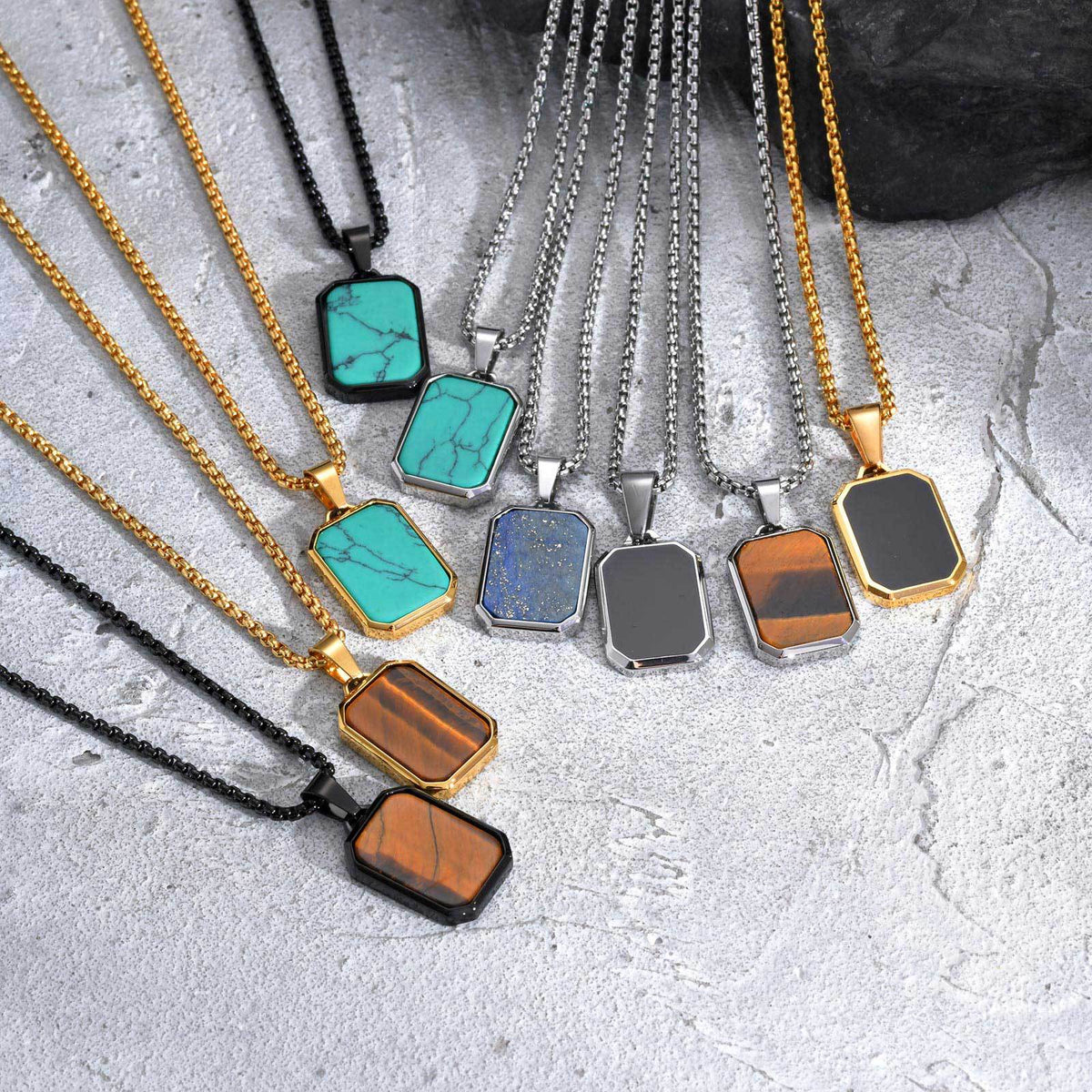Tiger's Eye Turquoise Lapis Lazuli Geometric Stainless Steel Necklace