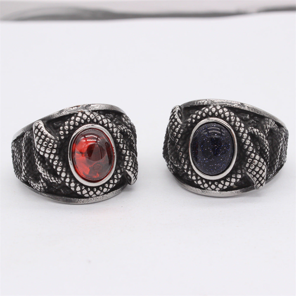 Double Python Snake Relief Oval Bead Titanium Steel Ring for Men